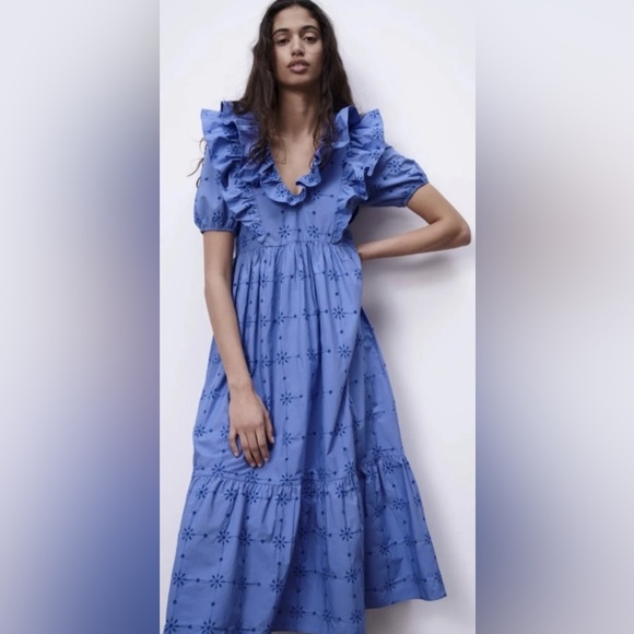 Zara Dresses & Skirts - Zara Light Blue Embroidered Ruffle midi Dress M